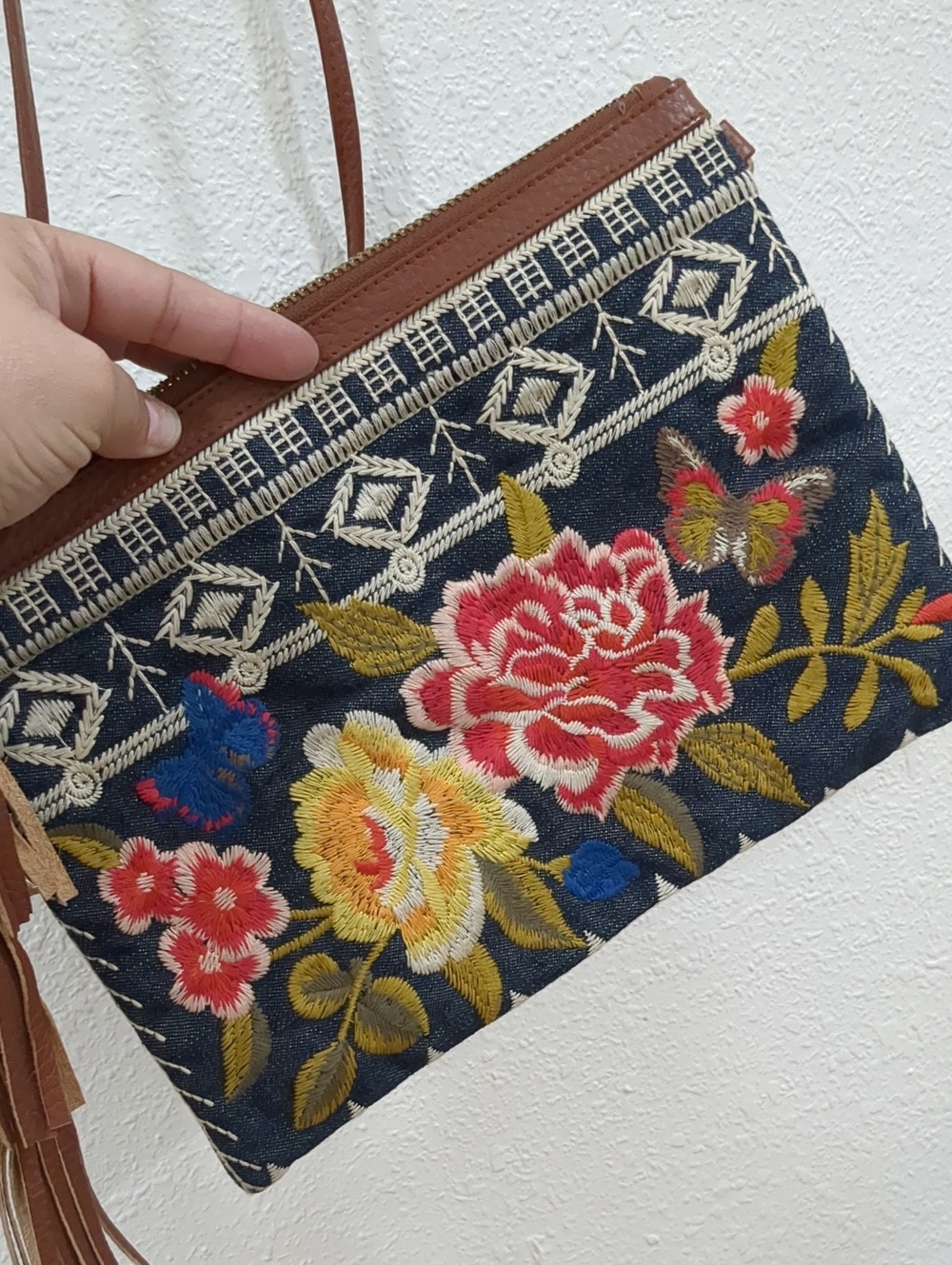 JOHNNY WAS Hand-Embroidered Floral Crossbody Bag with Tassel - Denim and Brown - Picture 5 of 12